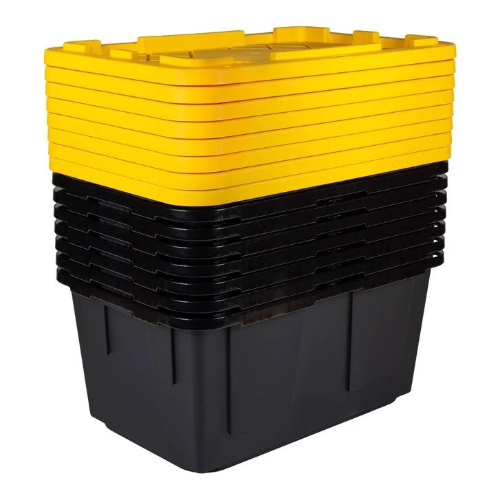 Stack of black and yellow heavy-duty moving totes